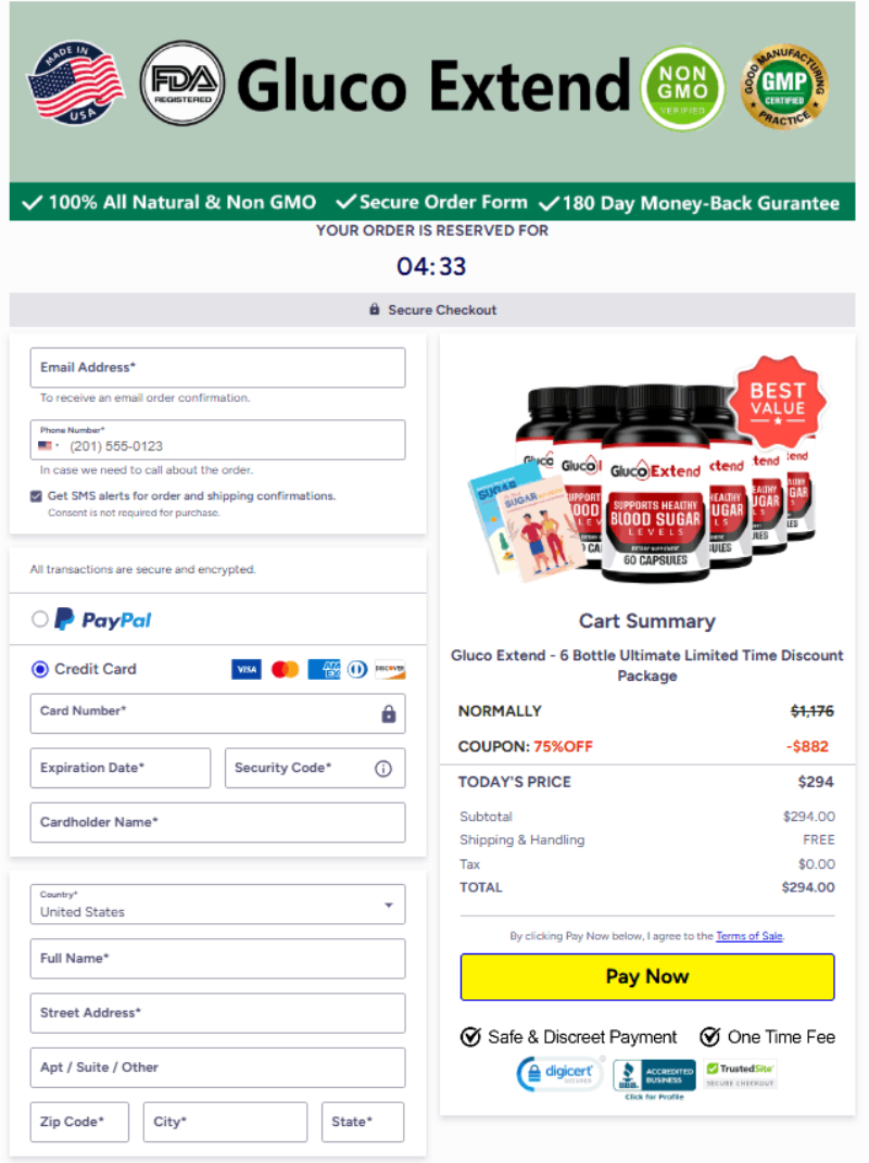 Secure checkout for Gluco Extend with encrypted payment and customer protection